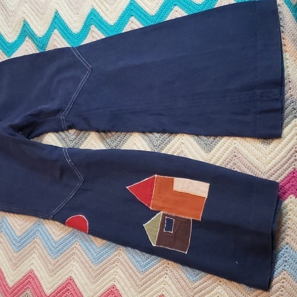 vintage high waist jeans SKIVA indigo denim pants with houses stitched on - Picture 2 of 12